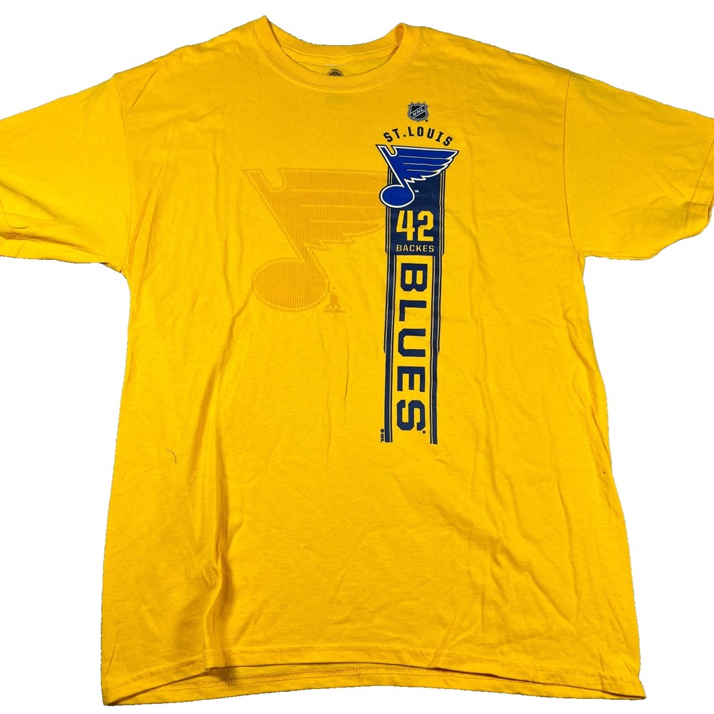 NHL Mens Large Yellow St. Louis Blues #42 David Backes Spellout T-Shirt NWOT